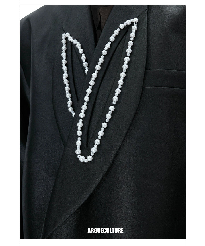 Waxed Wide Shoulder Blazer with Pearl Embellishments - ArgueCulture