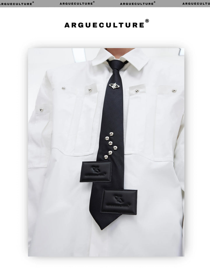 Metal Logo Black Adjustable Tie with PU Patch - ArgueCulture