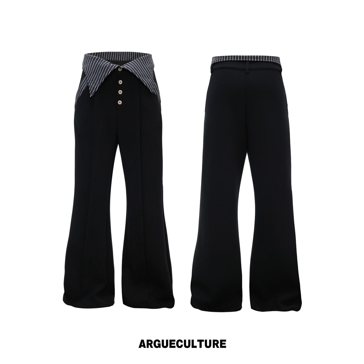 Black wide-leg pants with striped waist detail, front and back views