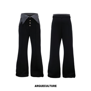 Black wide-leg pants with striped waist detail, front and back views