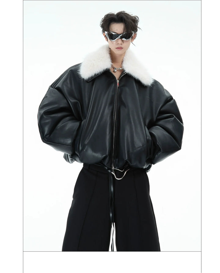 Faux Fur Collar Leather Bomber Jacket with Asymmetrical Design - ArgueCulture