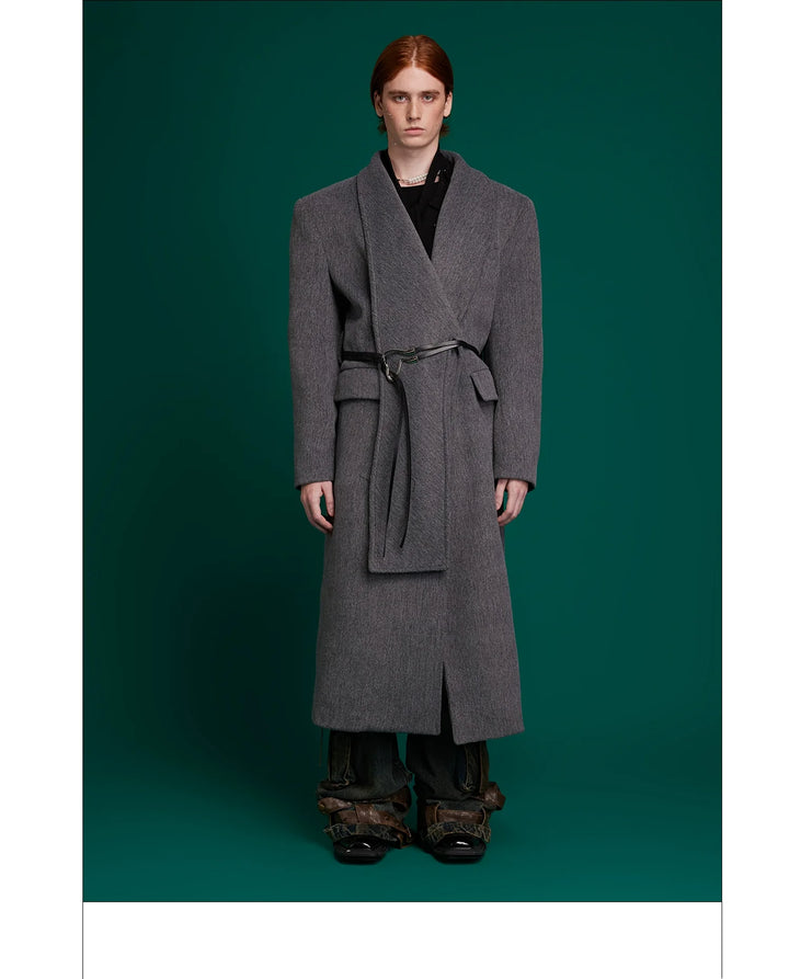 Metal Strap Wool Long Coat with Oversized Scarf Lapel - ArgueCulture