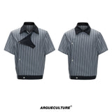 Gray striped short-sleeve shirt with asymmetric collar and black trim