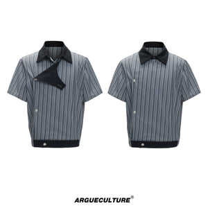 Gray striped short-sleeve shirt with asymmetric collar and black trim