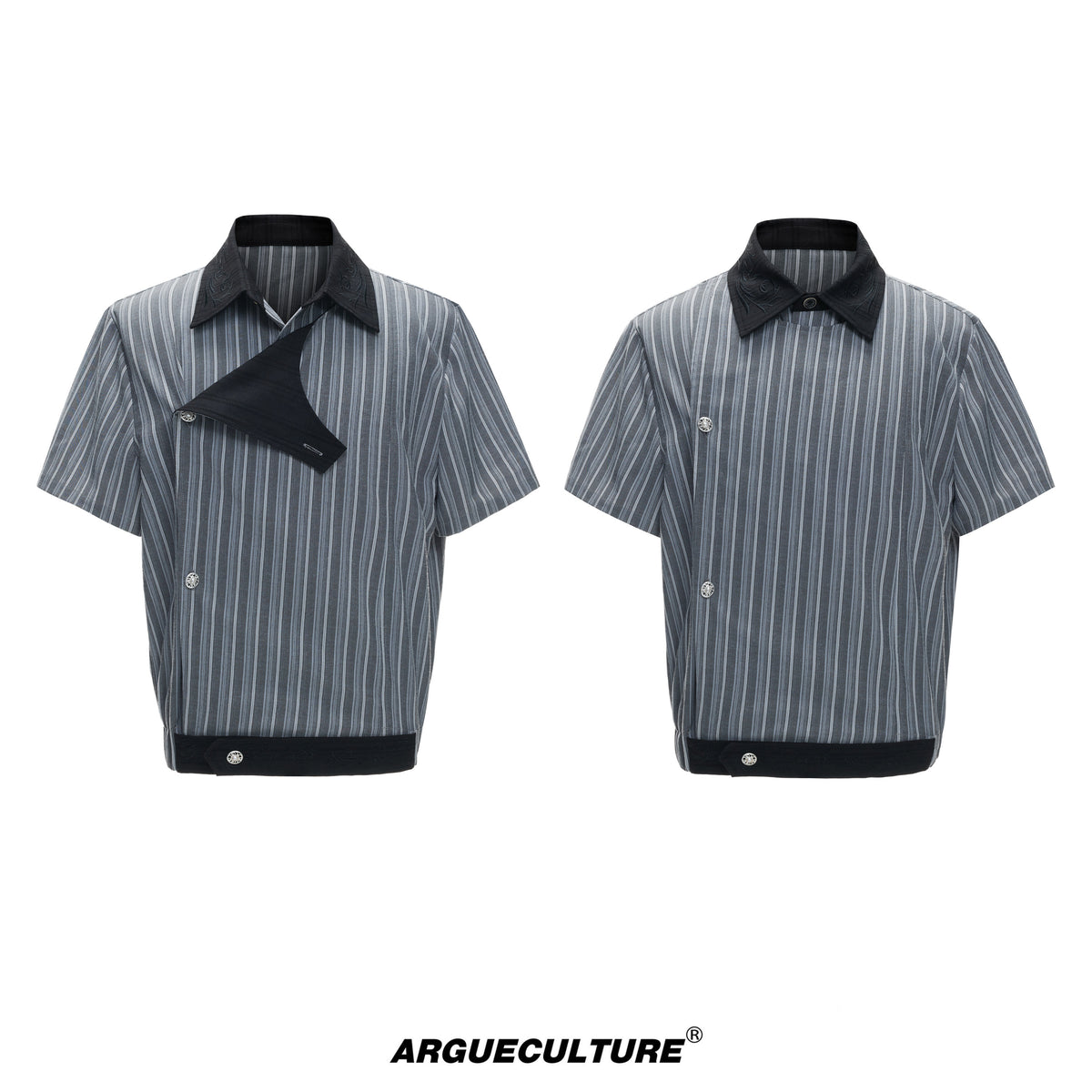 Gray striped short-sleeve shirt with asymmetric collar and black trim