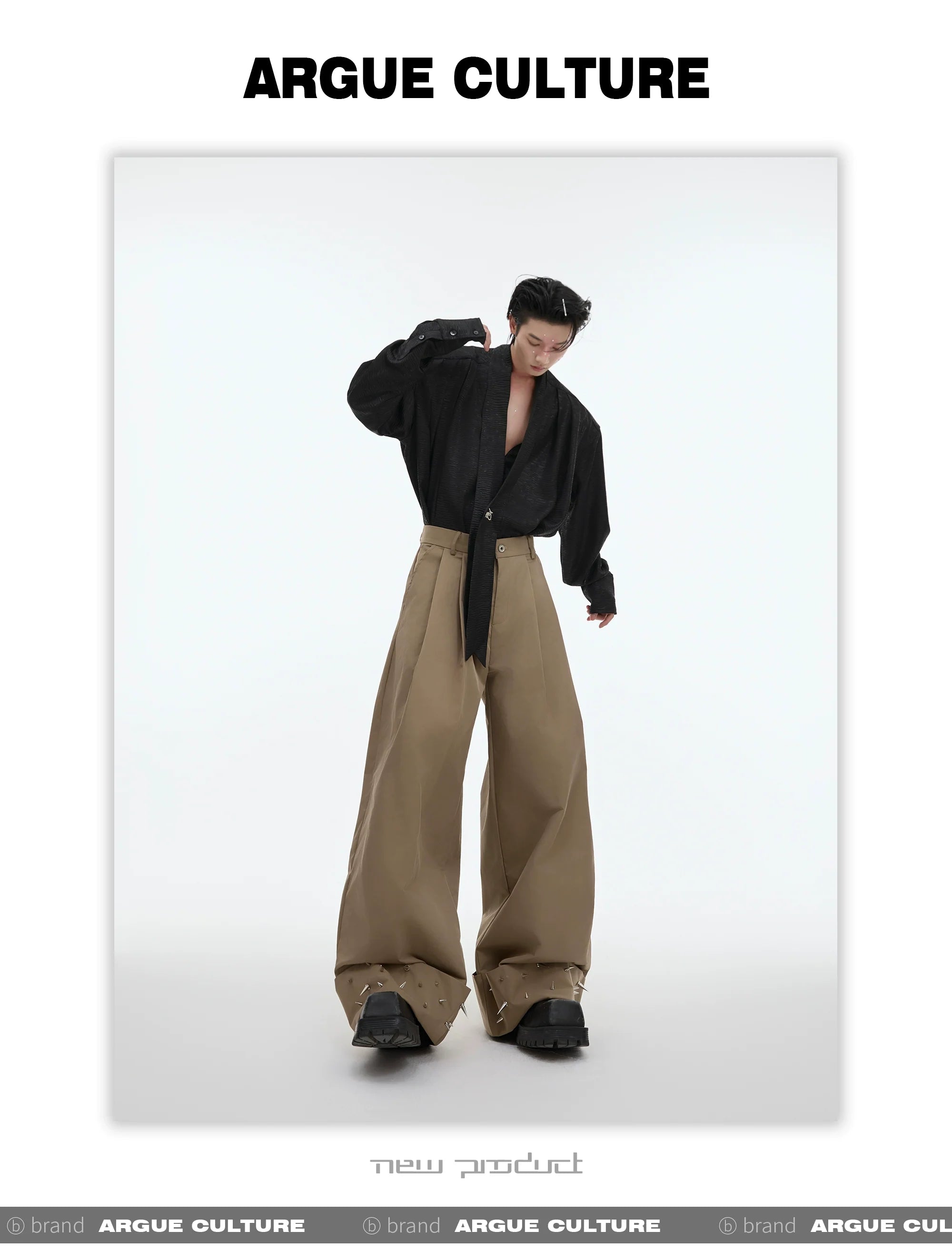 Loose Fit Metal Studded Design Wide-Leg Casual Pants - ArgueCulture