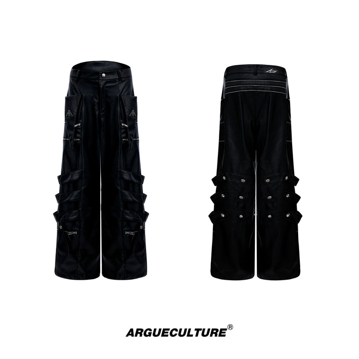 Punk Faux Leather Cargo Pants with Multi-Layer Straps - ArgueCulture