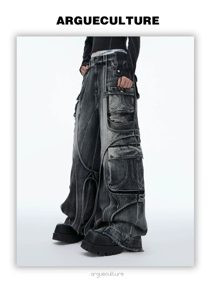 Vintage Washed Wide-Leg Denim Cargo Pants with Strap Details - ArgueCulture