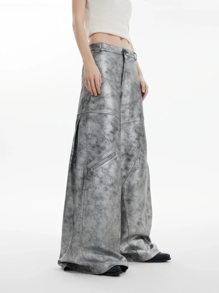 Avant-Garde Silver Wide-Leg Pants with Segmented Lines and Distressed Texture - ArgueCulture