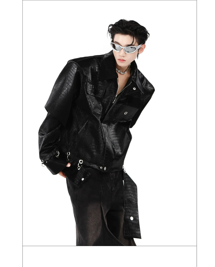 Crocodile PU Leather Jacket with Shoulder Pads and Split Hem Design - ArgueCulture