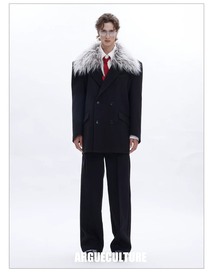 Detachable Fur Collar Double-Breasted Suit Jacket for Men - ArgueCulture