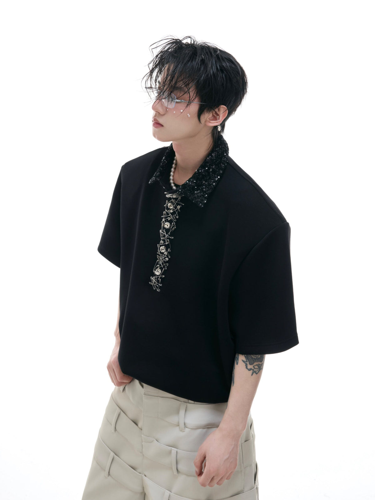 Sequined Square-Neck Polo T-Shirt - product image 1