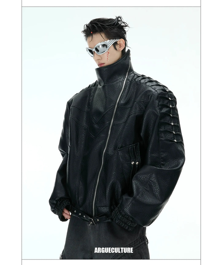 Crinkle PU Leather Jacket with Metal Studs and Adjustable Hem - ArgueCulture