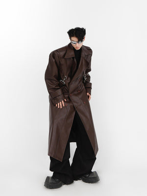 Layered PU Long Trench Coat - product image 1