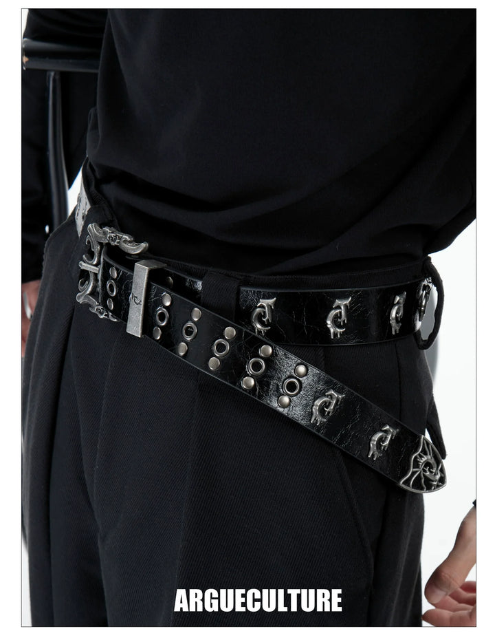 Retro Punk Genuine Leather Belt with Rivet and Metallic Logo - ArgueCulture