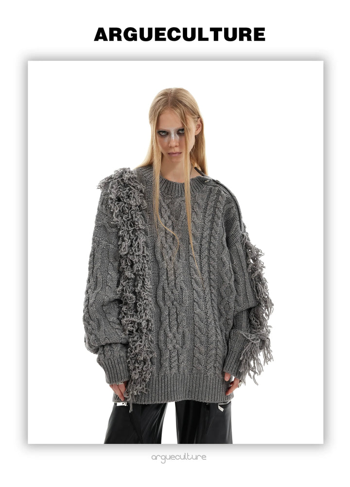 Asymmetrical Ribbed Knit Sweater with Bold Fringe Accents - ArgueCulture