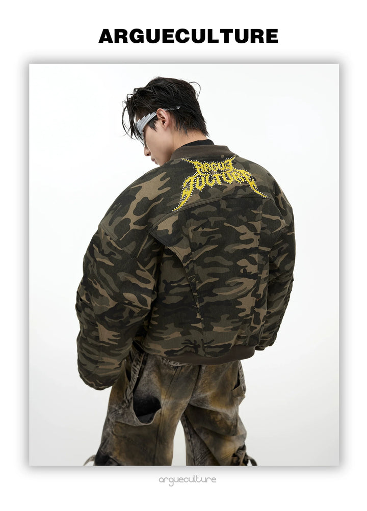 Camo Baseball Jacket with Graffiti and Oversized Pockets - ArgueCulture