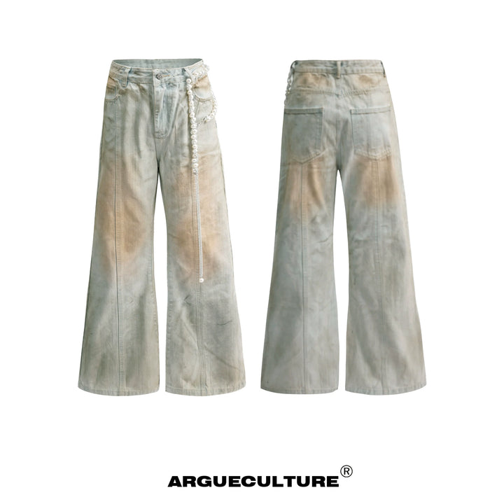 Vintage Pearl-Embellished Flared Jeans ¨C Retro Distressed Denim - ArgueCulture