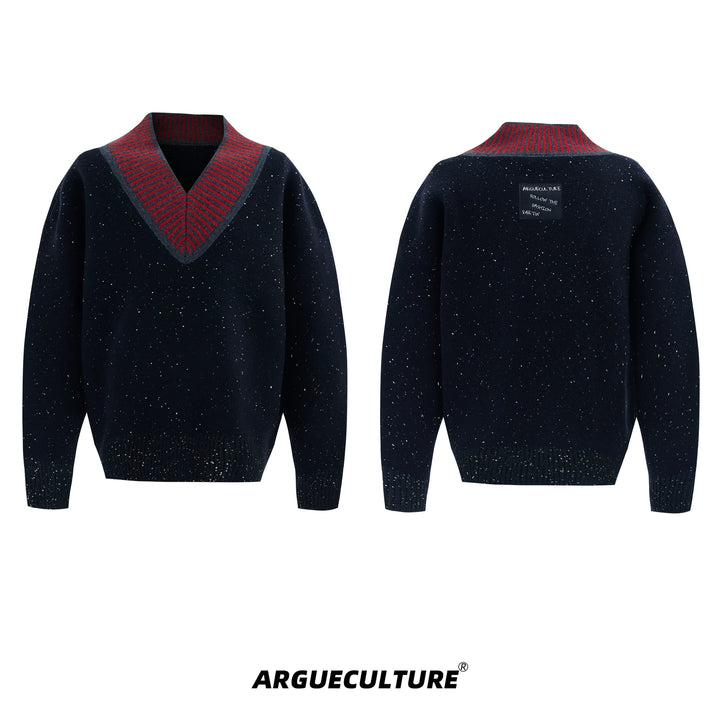 V-Neck Knit Sweater with Contrast Stitching and Leather Logo - ArgueCulture