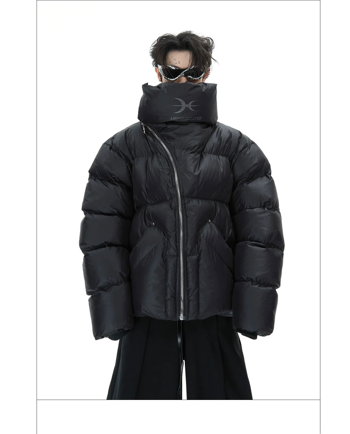 High-Neck Puffer Jacket with Asymmetrical Zipper and Oversized Fit - ArgueCulture