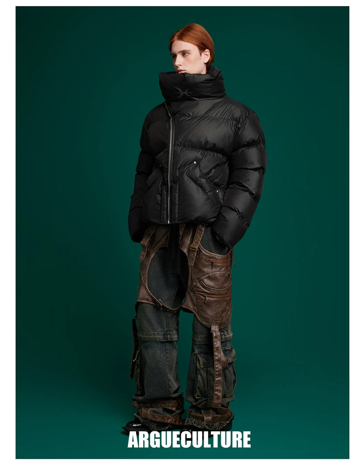 High-Neck Puffer Jacket with Asymmetrical Zipper and Oversized Fit - ArgueCulture