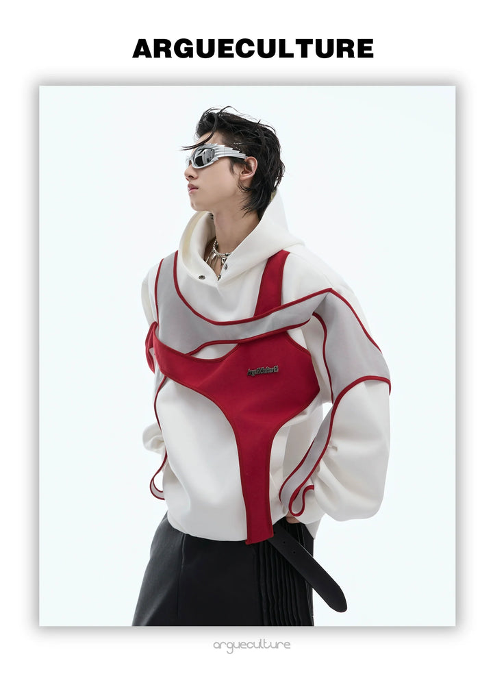 Layered Contrast Hoodie with Strap Design and Detachable Shoulder Pads - ArgueCulture