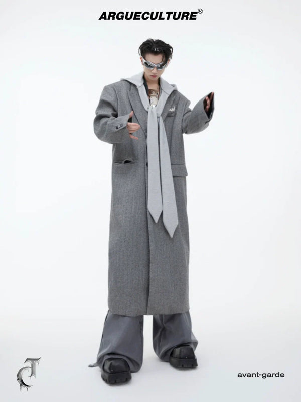 Men¡¯s Oversized Wool Coat with Detachable Hoodie Metallic Logo Streetwear - ArgueCulture