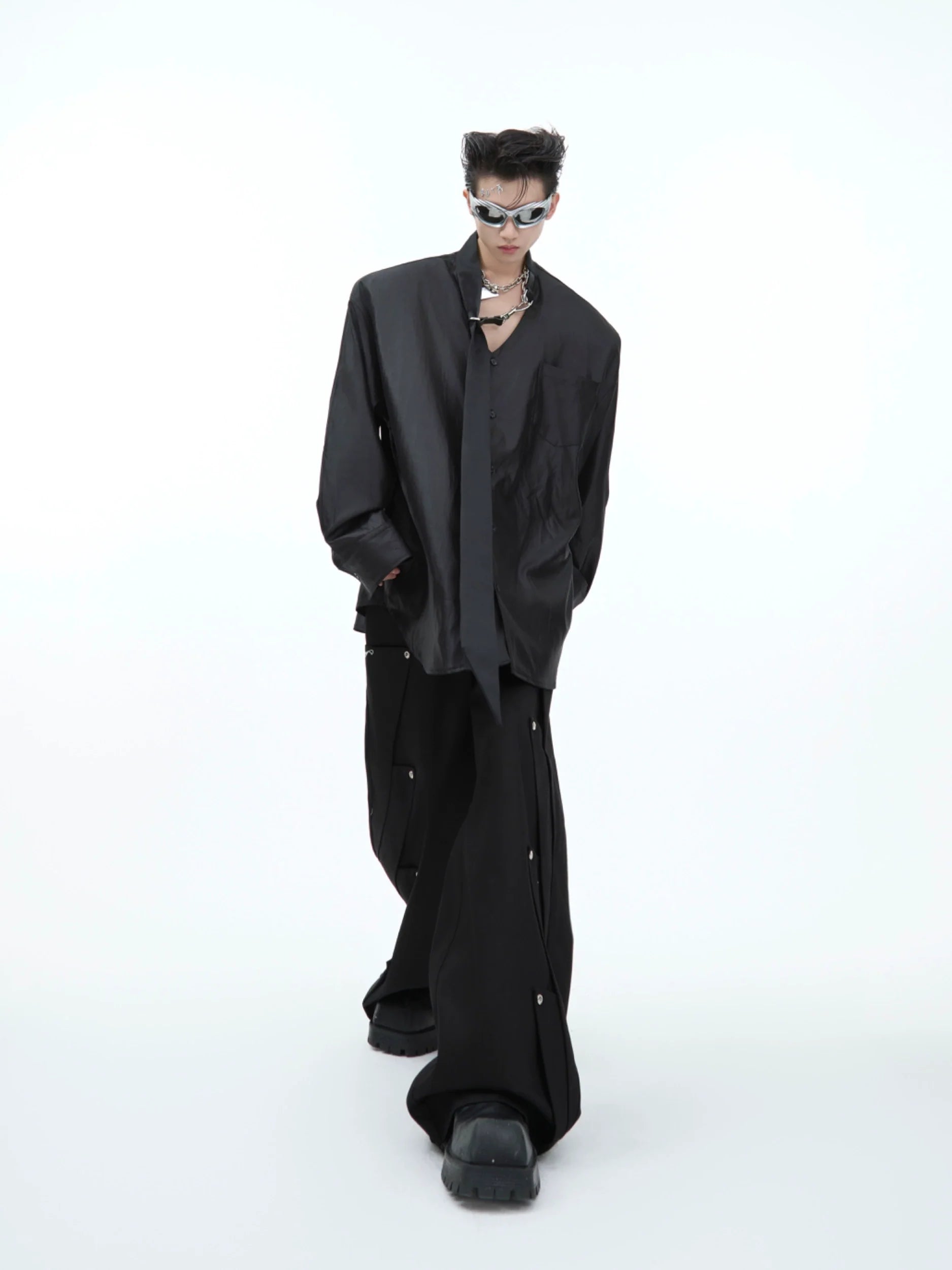 Lustrous Tie-Detailed Shirt ¡§C Modern Elegance with Metallic Accents - ArgueCulture