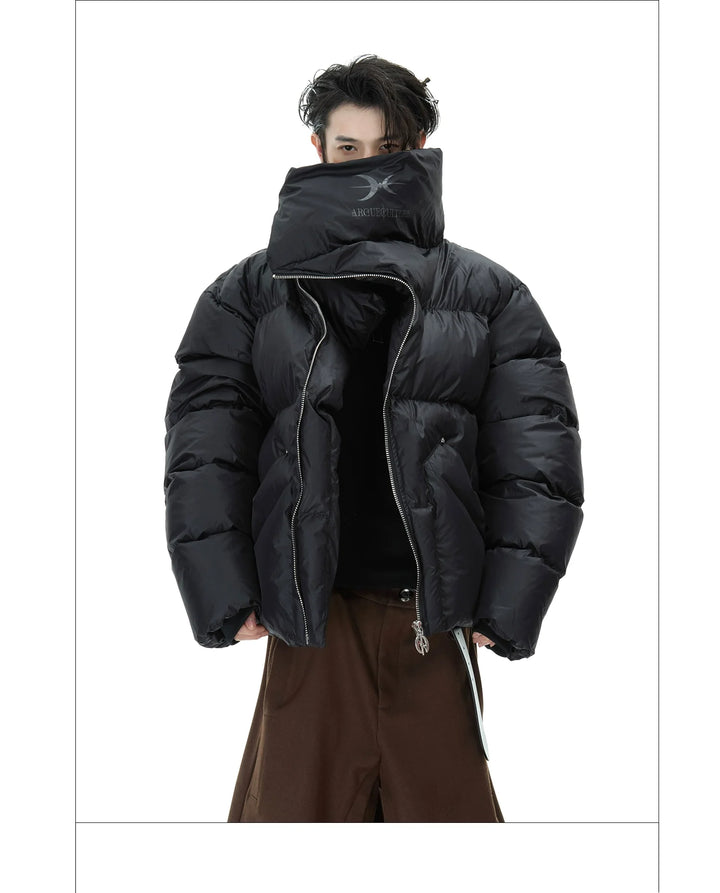 High-Neck Puffer Jacket with Asymmetrical Zipper and Oversized Fit - ArgueCulture