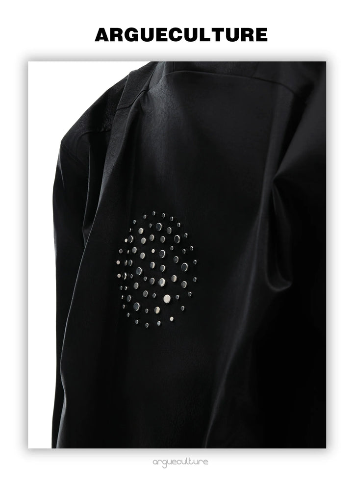 Oversized Faux Leather Punk Hoodie with Studs and Rhinestone Accents - ArgueCulture