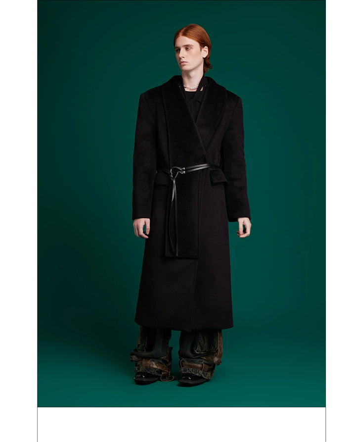 Metal Strap Wool Long Coat with Oversized Scarf Lapel - ArgueCulture