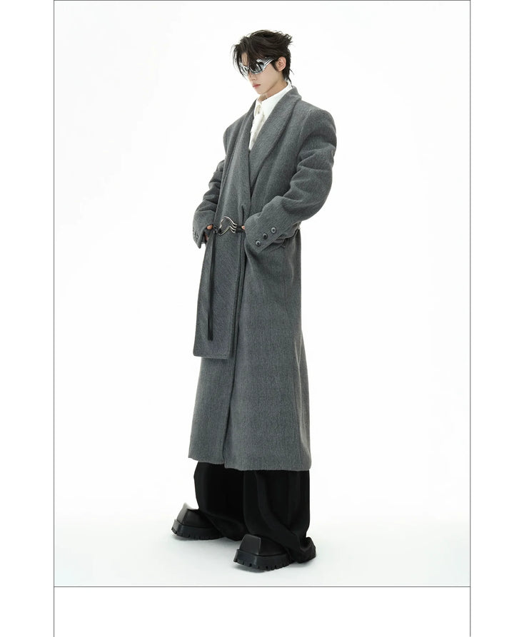 Metal Strap Wool Long Coat with Oversized Scarf Lapel - ArgueCulture