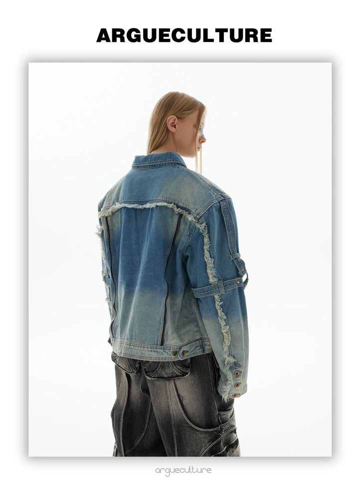 Vintage Distressed Denim Jacket with Fringe and Gradient Wash - ArgueCulture