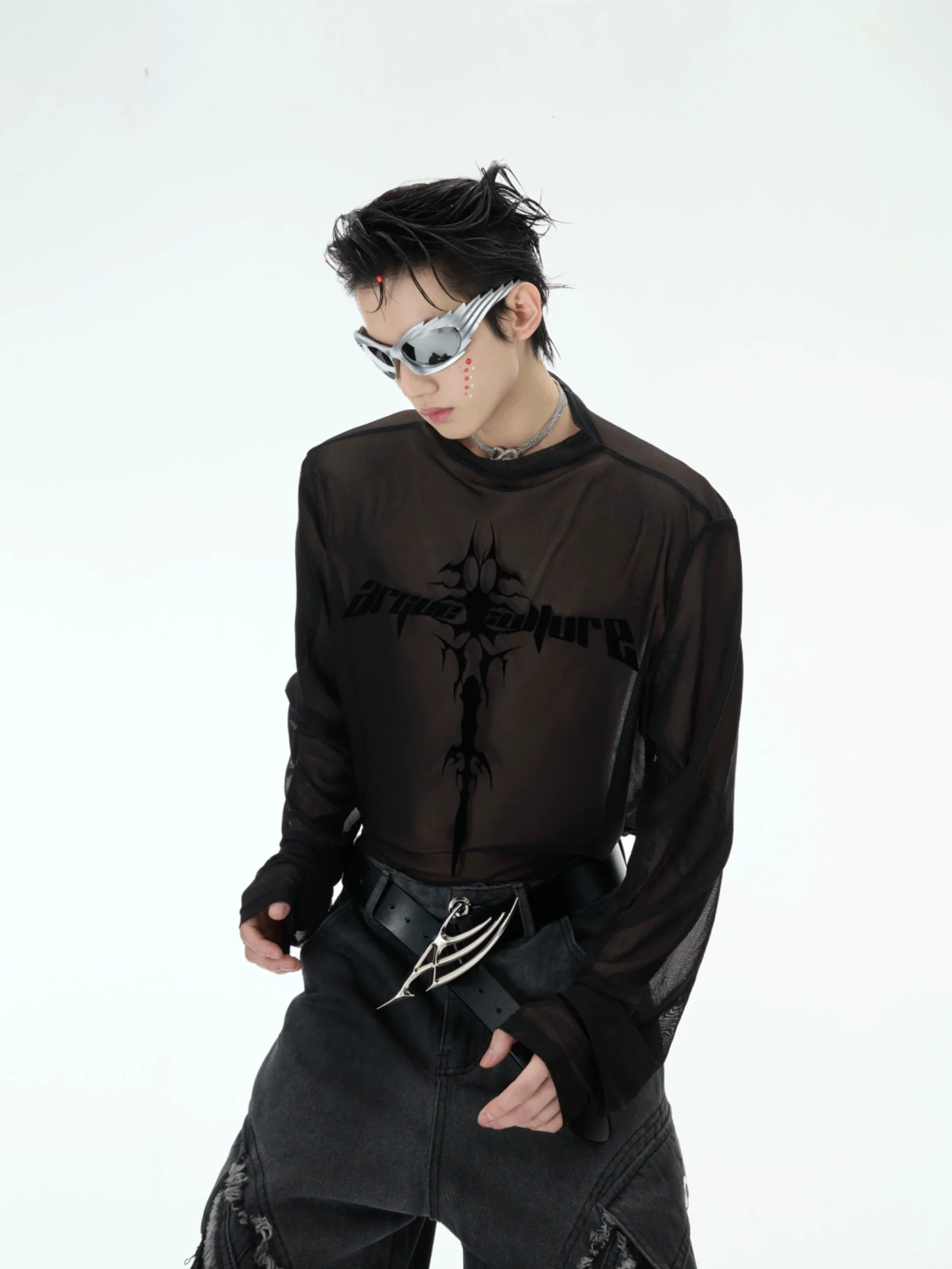 Punk Mesh Long Sleeve Top with See-Through Logo Print ¨C Y2K Streetwear - ArgueCulture