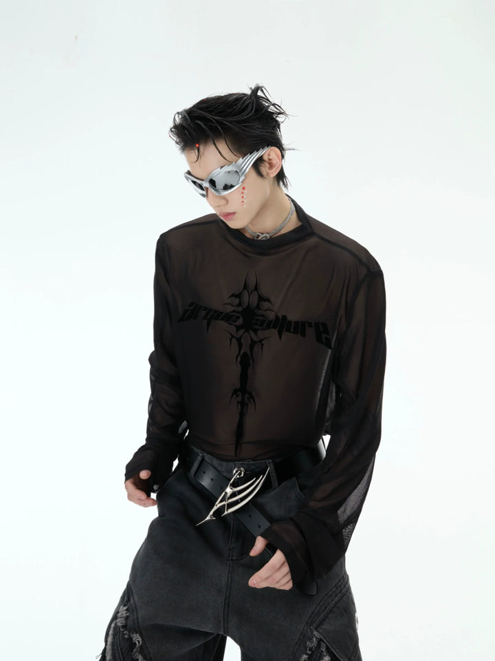 Punk Mesh Long Sleeve Top with See-Through Logo Print – Y2K Streetwear - ArgueCulture