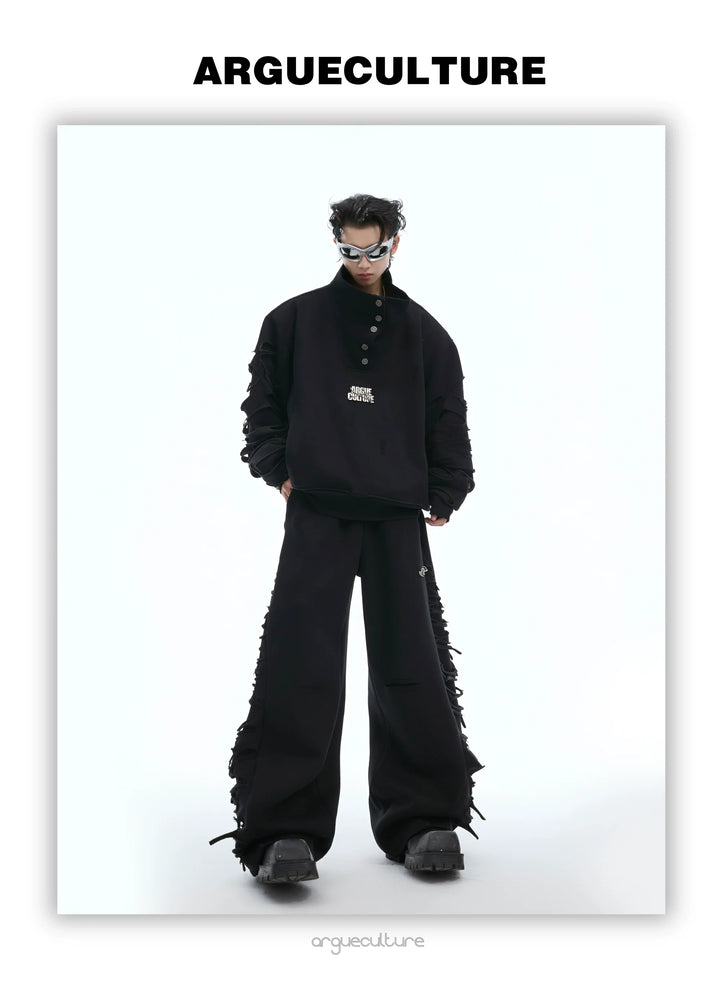 Asymmetrical Cut Fringe Trim Track Suit with Detachable Stand Collar - ArgueCulture