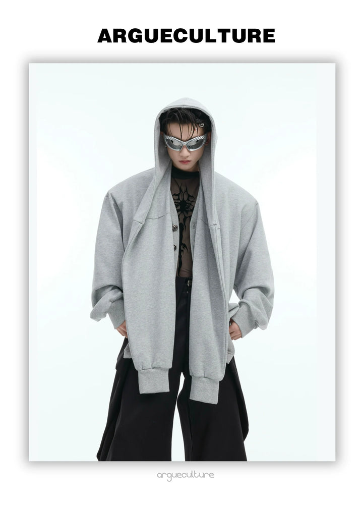 Oversized Hooded Cardigan with Detachable Shoulder Pads and Layered Design - ArgueCulture