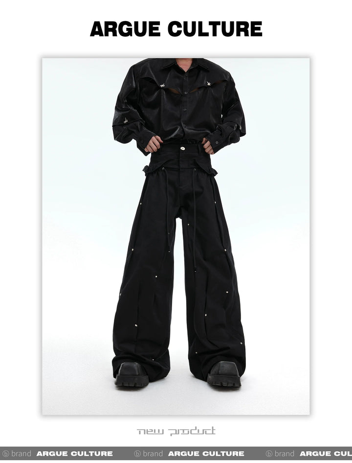 Trendy Deconstructed Pleated Cargo Pants with Silver Accents - ArgueCulture