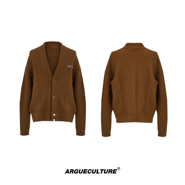 V-Neck Cardigan Sweater with Ribbed Design and Metallic Logo - ArgueCulture