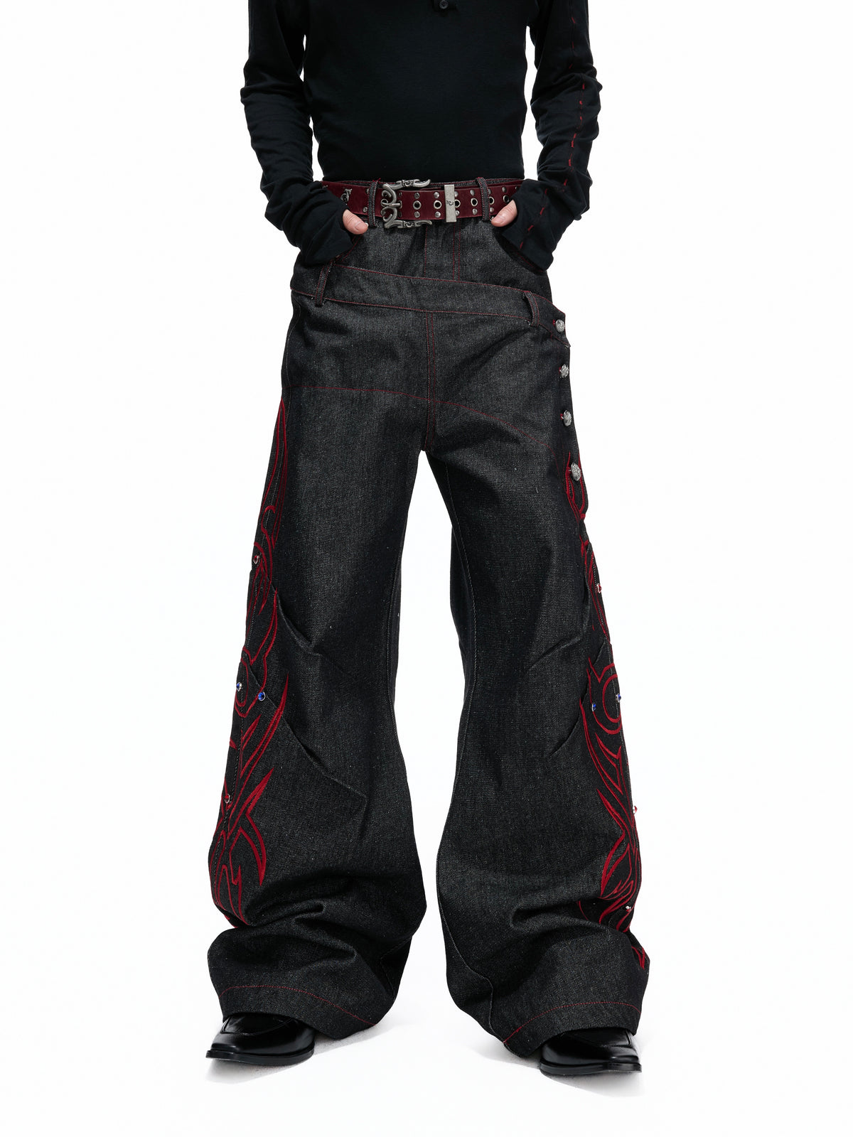 Black Red Dual-Waist Raw Denim Jeans - product image 1
