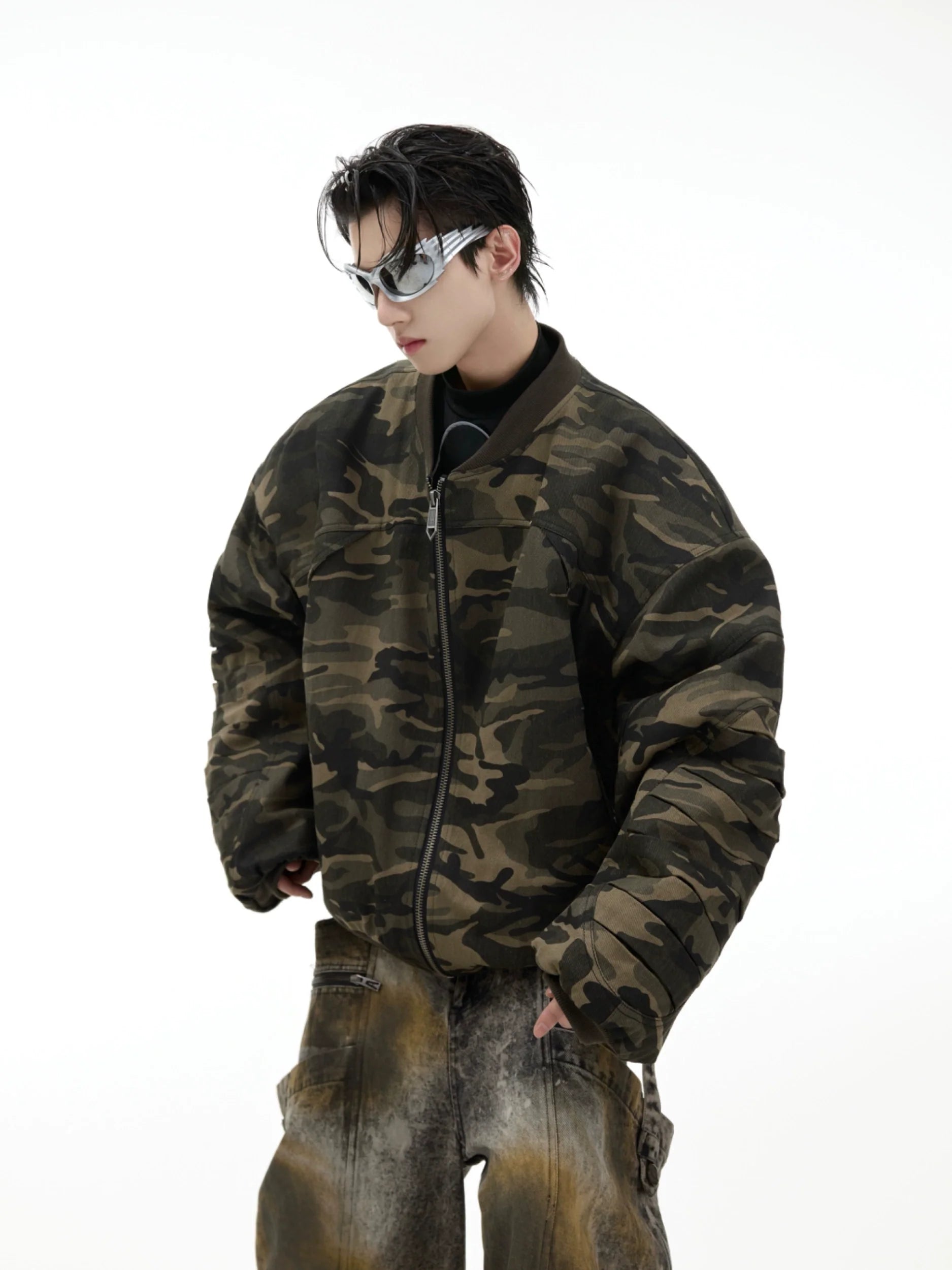 Camo Baseball Jacket with Graffiti and Oversized Pockets - ArgueCulture