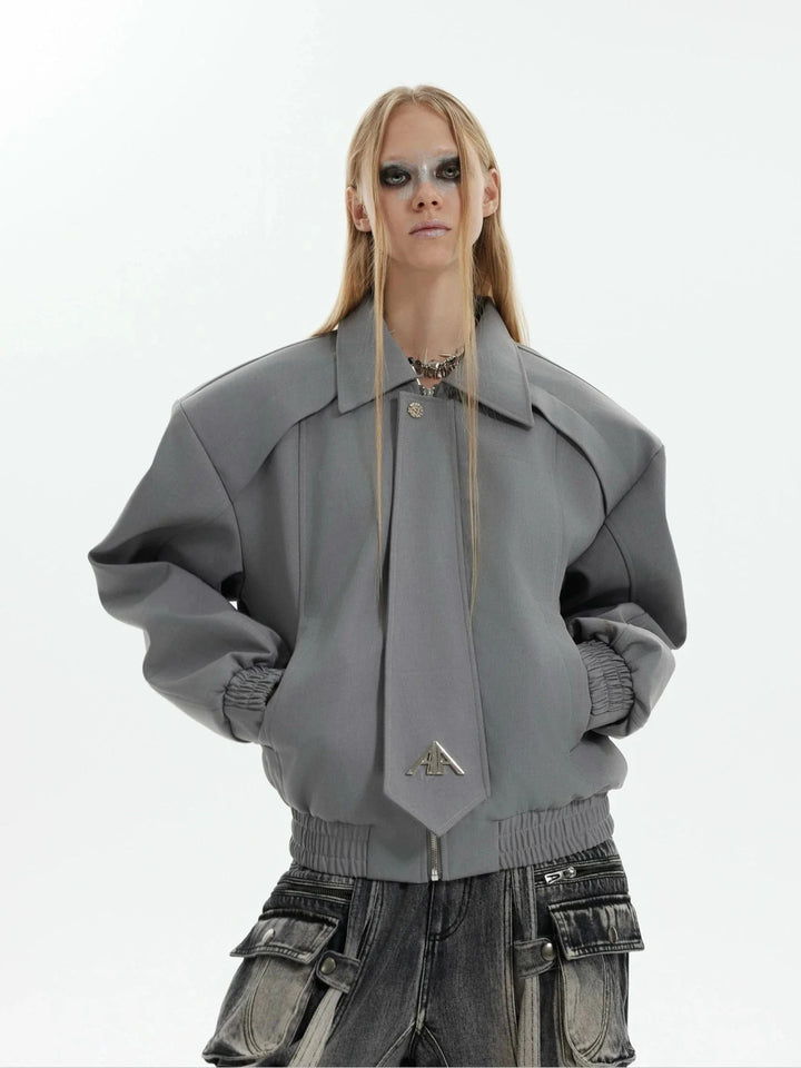 Cropped Jacket with Structured Collar and Faux Tie Design - ArgueCulture