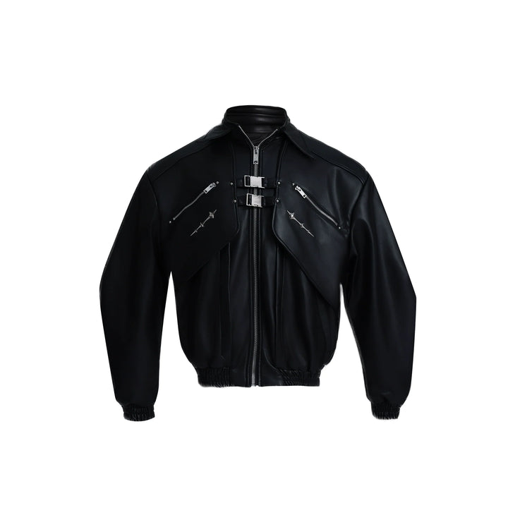 Double-Layer PU Leather Biker Jacket with Metal Buckles - ArgueCulture