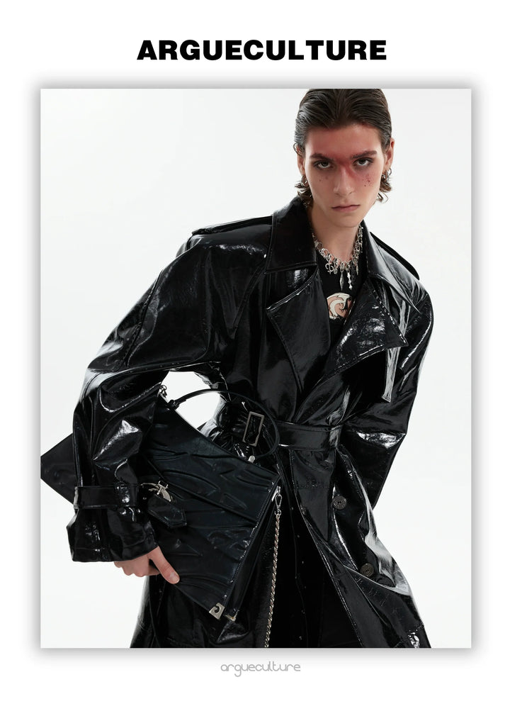 Futuristic Liquid-Look Faux Leather Trench Coat with Shoulder Pads - ArgueCulture