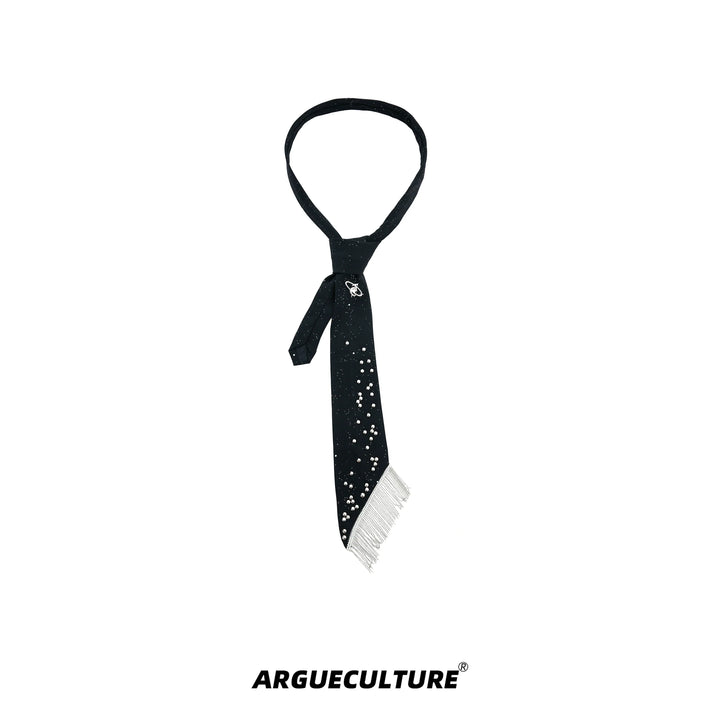 Metal Studded Tie with Tassel Chain and Sparkling Elements - ArgueCulture