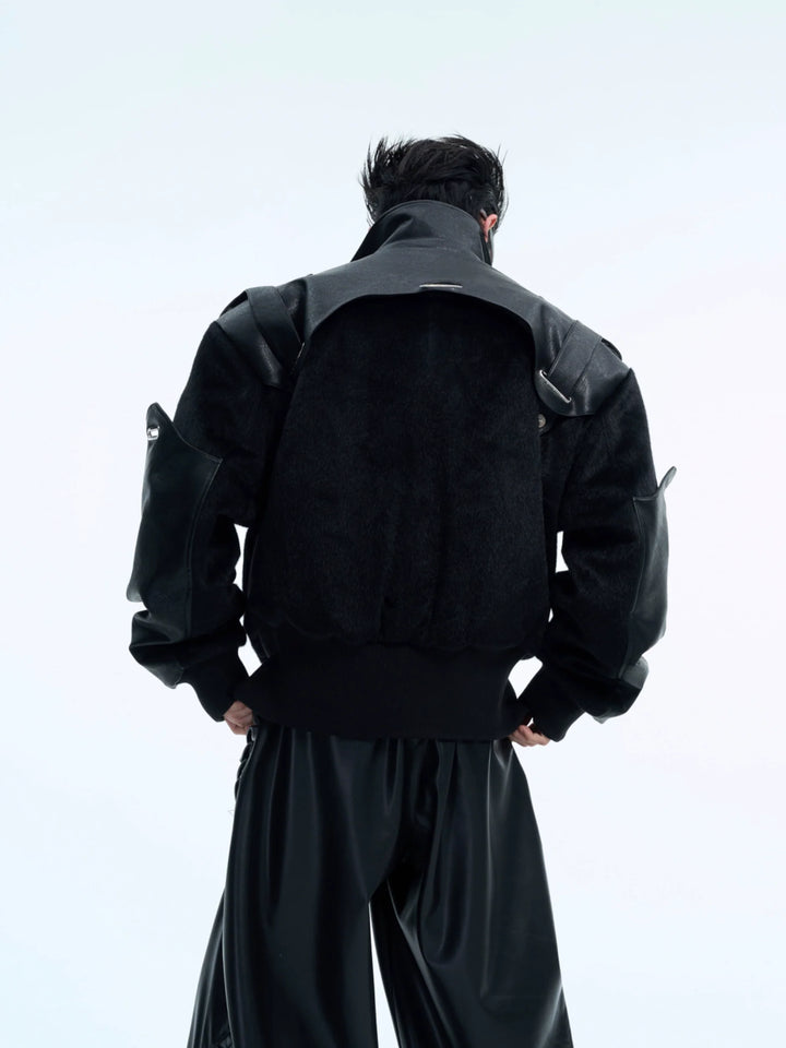 Dual-Fabric Deconstructed PU Leather & Plush Short Bomber Jacket - ArgueCulture