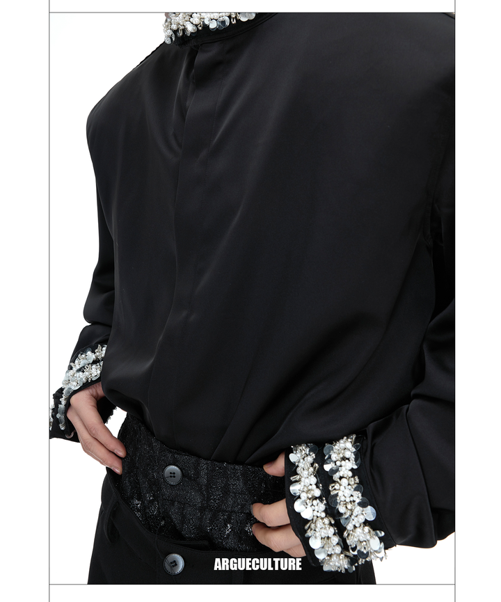 Satin Draped Pearl-Embellished Shirt for Elegant Men & Women - ArgueCulture