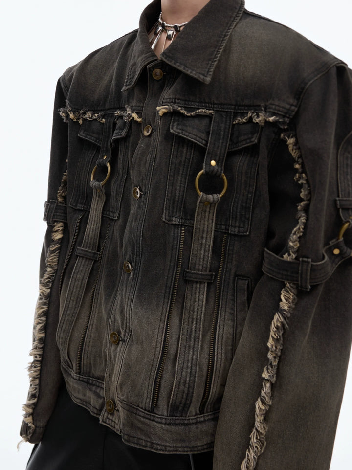 Vintage Distressed Denim Jacket with Fringe and Gradient Wash - ArgueCulture