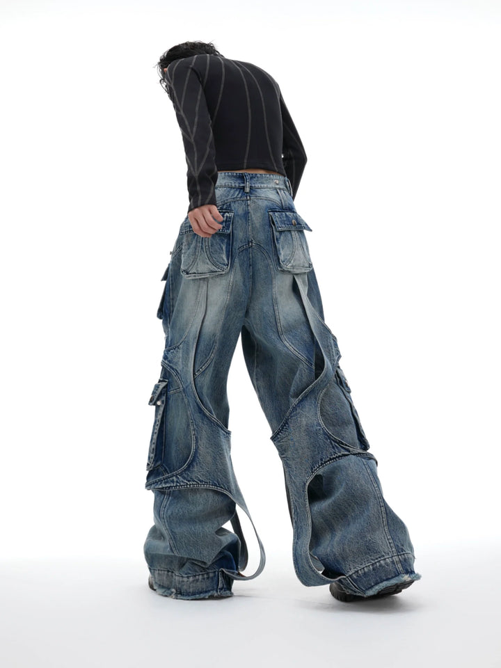 Vintage Washed Wide-Leg Denim Cargo Pants with Strap Details - ArgueCulture