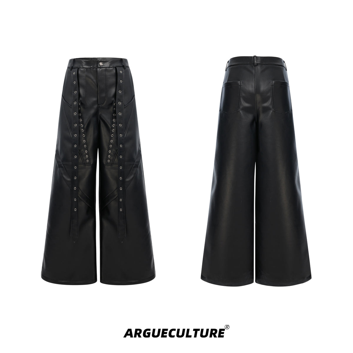 Black wide-leg pants with eyelet straps, front and back views